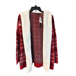 Almost Famous Red Plaid Hooded Cardigan Faux Shearling Lined Sweater Medium